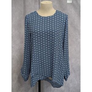 The Limited Women‎ Blue White Geometric Tile Print Long Sleeve Blouse Small